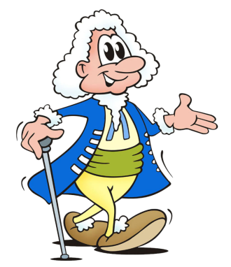 A comic drawing composer is walking through the picture on a white background. He has a green shirt and trousers on and a blue coat. He has a peruke on and he is smiling.