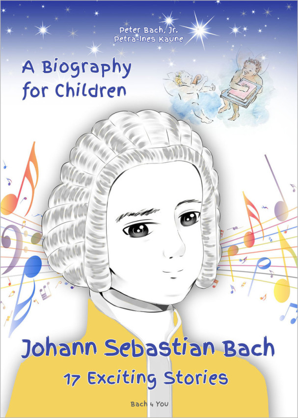You see the German biography about Johann Sebastian Bach for children. In the middle there is a gypsum bust of Bach. In the upper right corner you see two cherubs. There are music notes, very colourful and on top of all are stars.