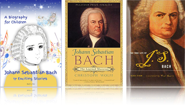 You see three hard cover books: First on the left is the biography about Bach for children. In the middle is the biography of Bach scientist Christoph Wolff with the historic Bach painting. On the right there is the Bach biography of Klaus Eidam.