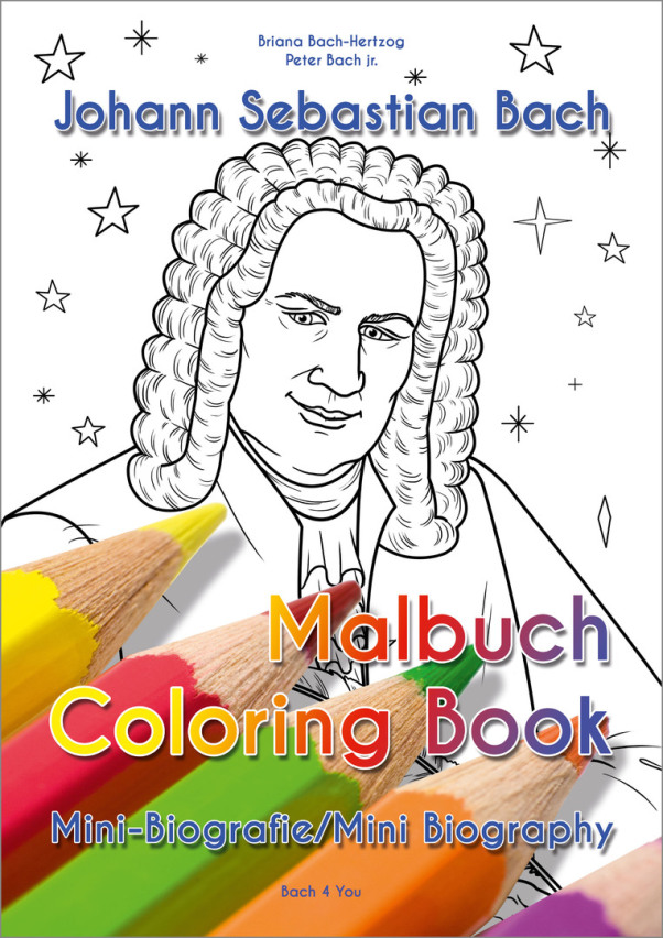 A Bach biography for children. It is very colorfull. In the middle is a Bach bust, there are notes all around and two little cherubs are in the upper right corner. The smaller title says "17 cool stories" in German.