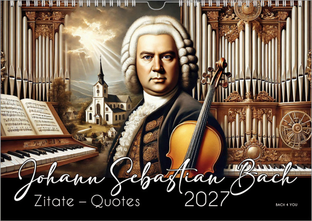 A Bach wall calendar. It's a cartoon on the left side, which is fully colored. On the right side there is a big year number on top. After that you read "Mr. Bach Makes Music" in German and English.