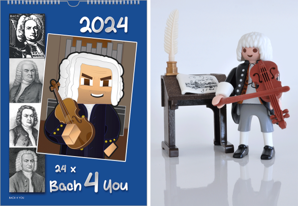 A Bach wall calendar. On the left you discover 5 historic black and white small drawings and engravings. On the left side there is a large portrait of Bach, which is very up-to-date. The title is “24 x Bach 4 You” and you see the year.