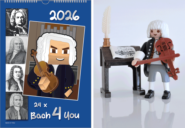 A Bach wall calendar. On the left you discover 5 historic black and white small drawings and engravings. On the left side there is a large portrait of Bach, which is very up-to-date. The title is “24 x Bach 4 You” and you see the year.