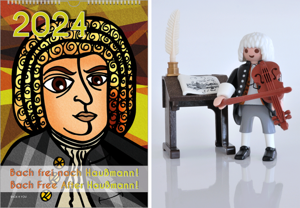 A very modern stylish Bach wall calendar in yellow and orange shads. It's a Bach portrait with a gigantic year number on top. The title of the calendar is "Bach based on Haussman".